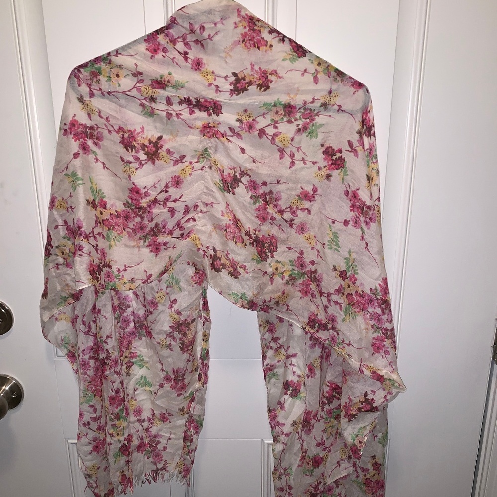 Charming Charlie Tan Scarf with Pink Flowers